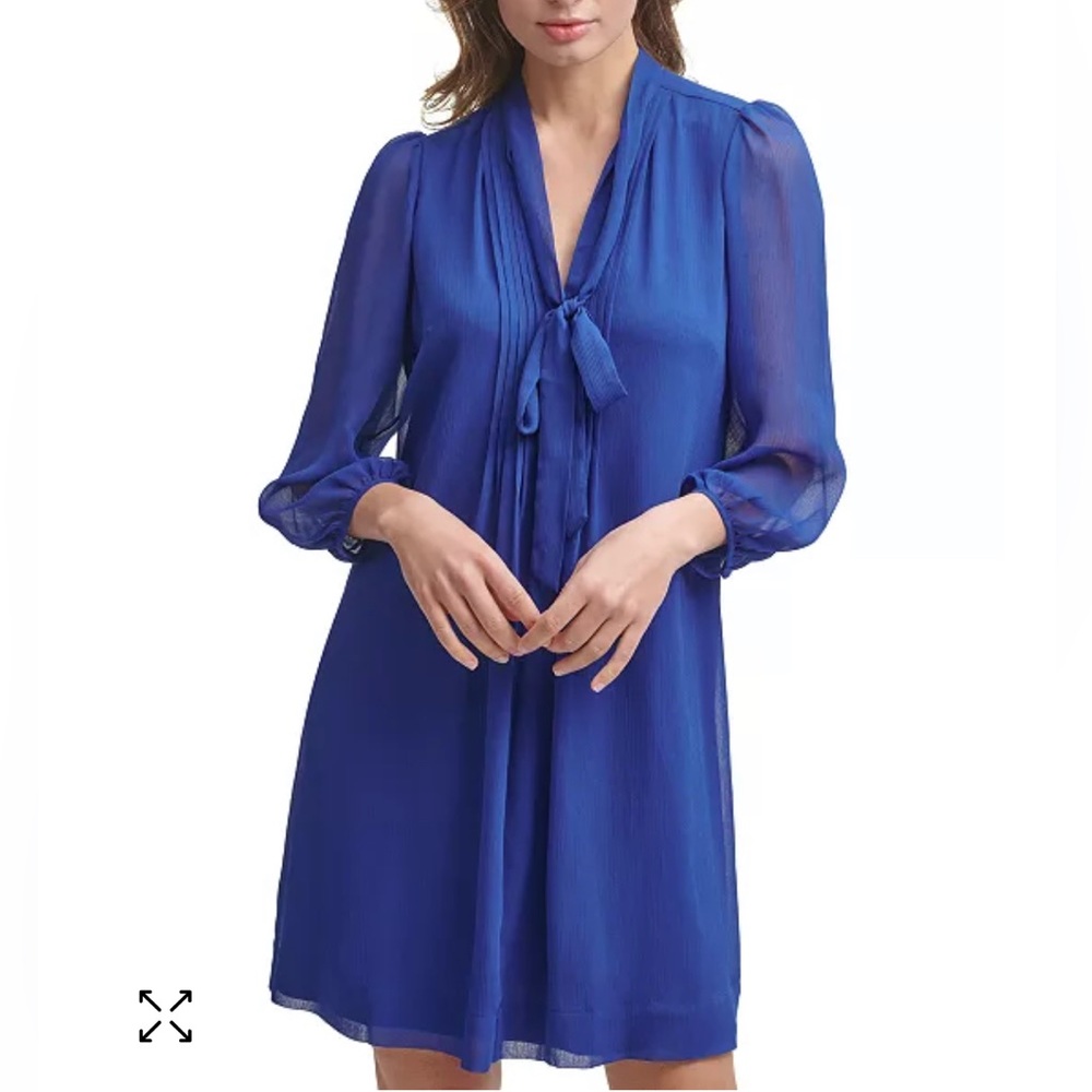 Calvin Klein Royal Blue Tie-Neck Chiffon Trapeze A-Line Dress Size 2